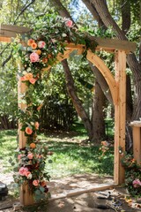 Obraz premium Craftsman Building a Wooden Archway for a Romantic Garden Wedding with Floral Decor