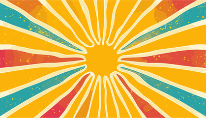 Vector illustration of horizontal retro groovy background with bright sunburst in style 60s, 70s. Trendy colorful graphic print. Trendy 60s 70s style graphic, Retro groovy sunburst background, 