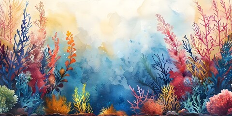 Vibrant Watercolor Painting of Underwater Marine Life Featuring Sea Moss. Concept Marine Life, Watercolor Painting, Sea Moss, Vibrant Colors, Underwater Theme