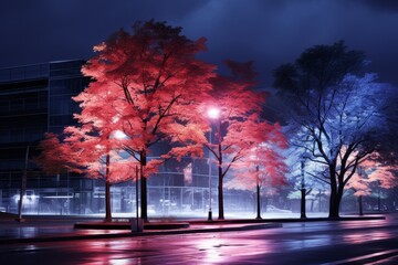 Brightly lit trees with neon lights in urban setting