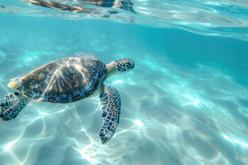 Obraz premium Sea turtle swimming gracefully in clear blue waters