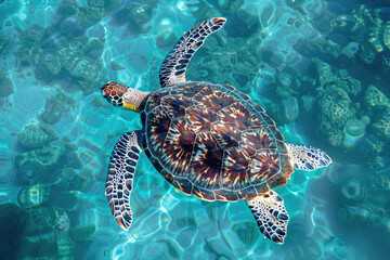 Fototapeta premium Sea turtle swimming gracefully in clear blue waters