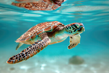 Fototapeta premium Sea turtle swimming gracefully in clear blue waters