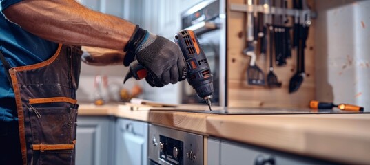 Craftsman Using Power Drill to Install Custom Cabinetry in Modern, Luxurious Kitchen