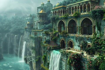 The Hanging Gardens of Babylon, one of the Seven Wonders of the Ancient World, depicted in a majestic and detailed landscape. This historic scene showcases the lush greenery and architectural marvel o