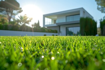 Green grass and modern house. Close-up view of garden and a house in the background. Sunlight and joyful day.