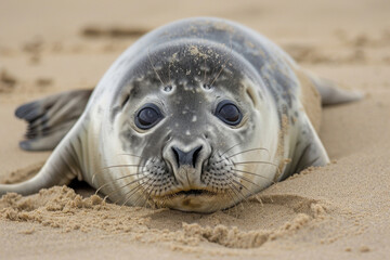 Seal pup lying on a sandy beach, looking up playfully