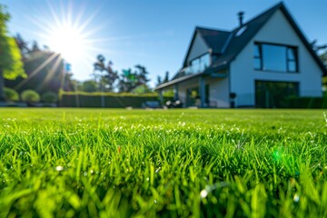 Green grass and modern house. Close-up view of garden and a house in the background. Sunlight and joyful day.