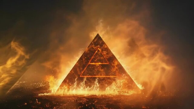 A glowing pyramid symbol enclosed in flames against a dark background, creating a dramatic and intense atmosphere. The illumination enhances the fiery effect, making the scene appear mystical and