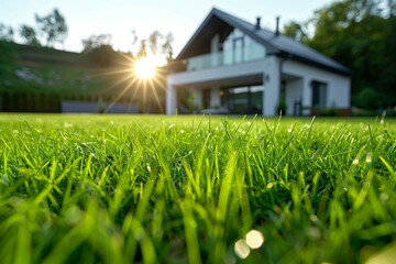 Green grass and modern house. Close-up view of garden and a house in the background. Sunlight and joyful day.