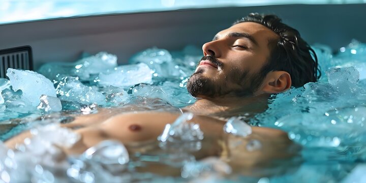 Man enjoying rejuvenating cold water therapy in an ice-filled tub at a spa. Concept Cold Water Therapy, Rejuvenation, Ice Bath, Spa Experience, Wellness,