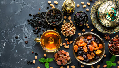 Mix dried fruits (date palm fruits, prunes, dried apricots, raisins) and nuts, and traditional Arabic tea