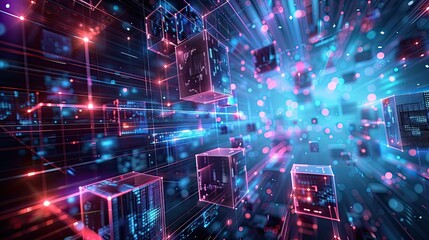 Geometric shapes floating in a cyber space environment