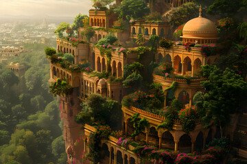 The Hanging Gardens of Babylon, one of the Seven Wonders of the Ancient World, depicted in a majestic and detailed landscape. This historic scene showcases the lush greenery and architectural marvel o