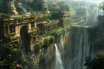 The Hanging Gardens of Babylon, one of the Seven Wonders of the Ancient World, depicted in a majestic and detailed landscape. This historic scene showcases the lush greenery and architectural marvel o