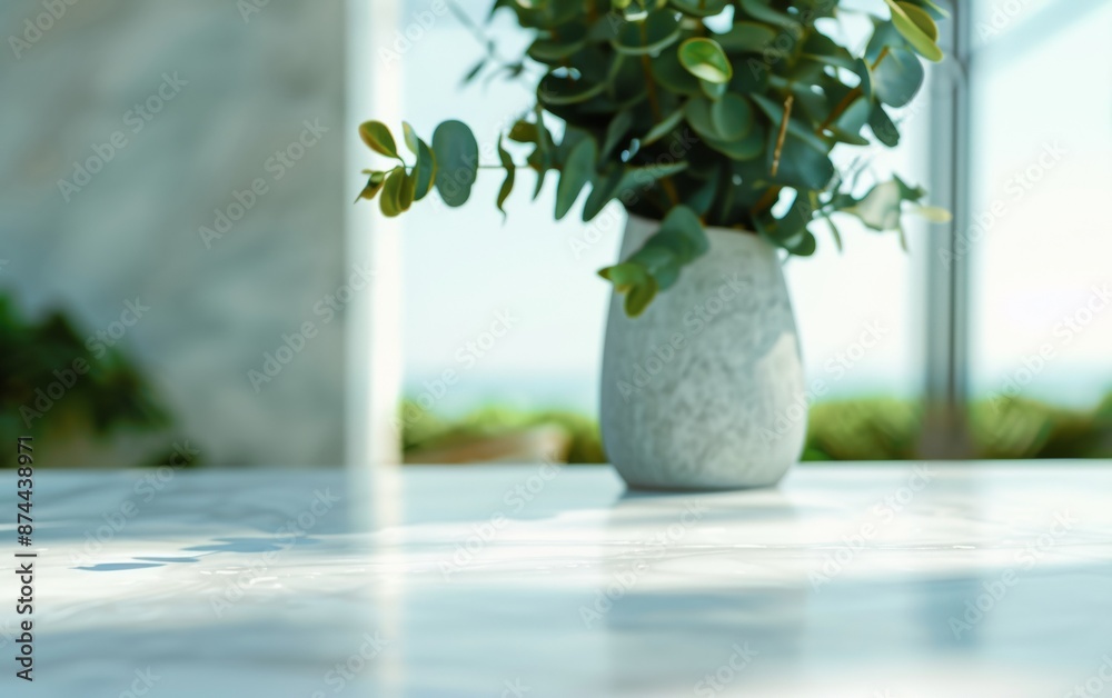 Poster luxurious tranquil fashion theme display with smooth white marble table and bokeh background, bright
