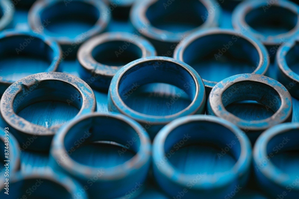 Poster stunning aerial view of symmetrical pattern of blue sapphire rings on intricately textured backgroun