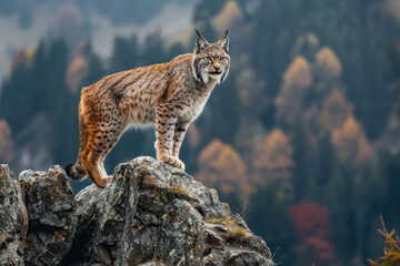 Obraz premium Lynx standing on a rocky outcrop, alert and watchful