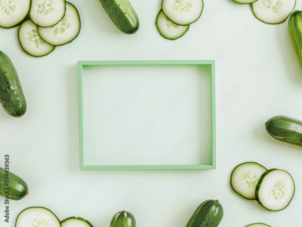 Leinwandbilder healthy fresh cucumber display mockup with empty green frame on white background, ideal for branding