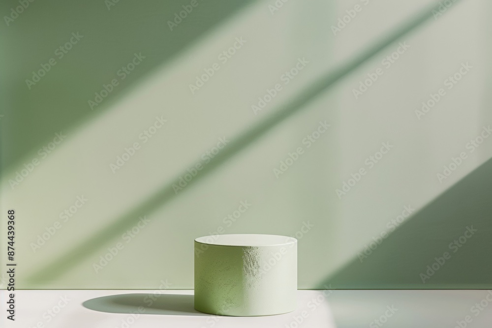 Poster Minimalistic Green Monochromatic Setting with White Circular Podium for Product Display Under Natural Bright Light