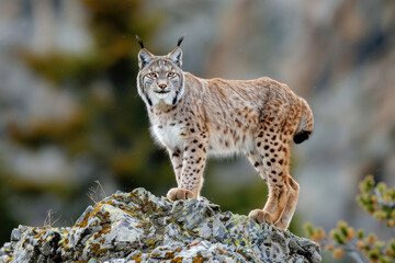 Obraz premium Lynx standing on a rocky outcrop, alert and watchful