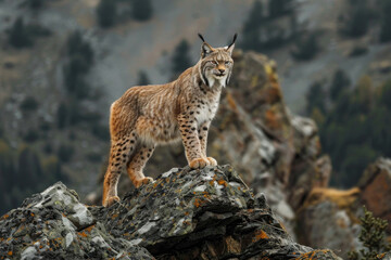 Obraz premium Lynx standing on a rocky outcrop, alert and watchful