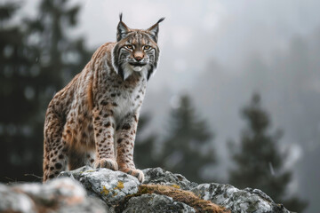 Lynx standing on a rocky outcrop, alert and watchful