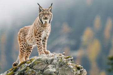 Fototapeta premium Lynx standing on a rocky outcrop, alert and watchful