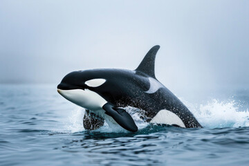 Orca swimming gracefully through the ocean, breaking the surface