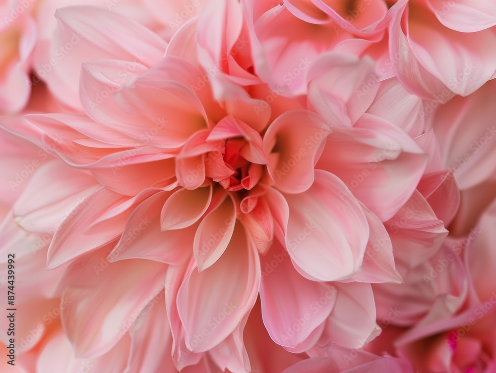 Poster symmetrical pastel red petal arrangement captured from above, highlighting geometric patterns and so