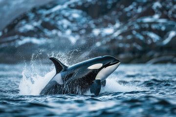 Obraz premium Orca swimming gracefully through the ocean, breaking the surface