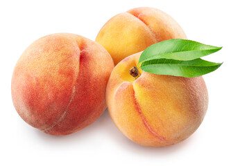 Ripe red peaches with green leaf isolated on white background. File contains clipping path.
