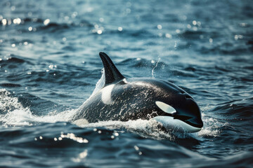 Fototapeta premium Orca swimming gracefully through the ocean, breaking the surface