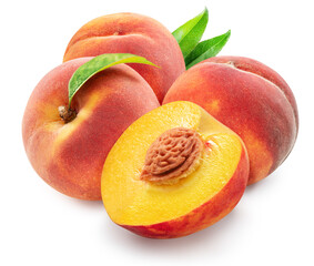 Ripe red peaches with juicy peach slice and green leaf isolated on white background. Clipping path.
