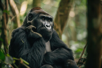 Obraz premium Gorilla sitting in the forest, gazing pensively into the distance