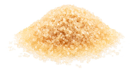 Heap of light brown cane sugar, isolated on white background.