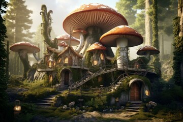 Fototapeta premium Magical mushroom cottage nestled in an enchanting forest with warm lights and lush greenery