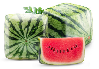 Square or cube striped watermelons and half of watermelon isolated on white background. File...