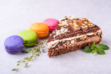 Chocolate cake and assorted macaroons for the coffee shop menu