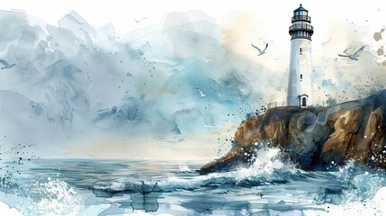 Lighthouse View A watercolor painting of a lighthouse on a cliff