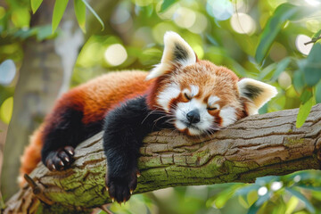 Red panda resting on a tree branch, looking adorably sleepy