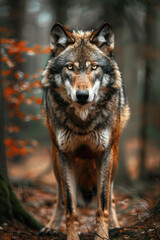 Naklejka premium Wolf standing in the forest, its piercing eyes glowing