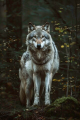 Fototapeta premium Wolf standing in the forest, its piercing eyes glowing