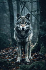 Obraz premium Wolf standing in the forest, its piercing eyes glowing