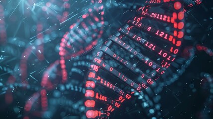 Futuristic Digital Art Depicting DNA Data Storage with Binary Code and Glowing Elements