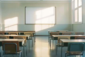 Empty classroom without students with desks, chairs and white board. AI generative
