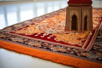 Ornate prayer rug displaying a beautiful islamic architecture model in a serene setting