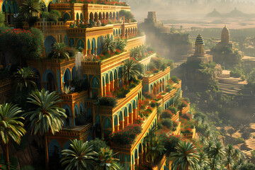 The Hanging Gardens of Babylon, one of the Seven Wonders of the Ancient World, depicted in a majestic and detailed landscape. This historic scene showcases the lush greenery and architectural marvel o