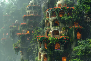 The Hanging Gardens of Babylon, one of the Seven Wonders of the Ancient World, depicted in a majestic and detailed landscape. This historic scene showcases the lush greenery and architectural marvel o