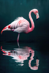 Fototapeta premium Flamingo standing in shallow water, reflected in the surface